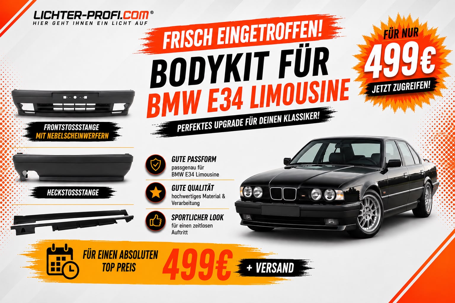 Upgrade Design Bodykit Set passend für BMW 5er E34 Limousine / Touring Front + Heck 87-97 + Seite 88-95 Upgrade Design Bodykit Set passend für BMW 5er E34 Limousine / Touring Front + Heck 87-97 + Seite 88-95