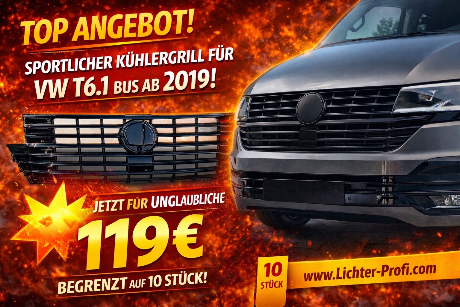 Upgrade Design Kühlergrill mit Emblemhalter für Volkswagen T6.1 ab 2019 Hochglanz schwarz Upgrade Design Kühlergrill mit Emblemhalter für Volkswagen T6.1 ab 2019 Hochglanz schwarz