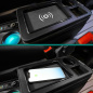 Preview: Black Edition Staufach Mittelkonsole Ablage für Ford Transit Custom 12+ mit RGB Farbwechsel-LED Beleuchtung, USB und Induktions-Ladestation