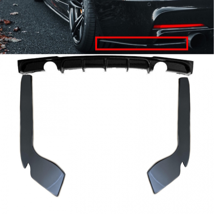 Set Diffusor + Spoiler Flaps Stoßstange hinten Leisten Performance Schwarz Glanz + ABE passt für BMW 3er F30 F31 M-Paket 335i 340i