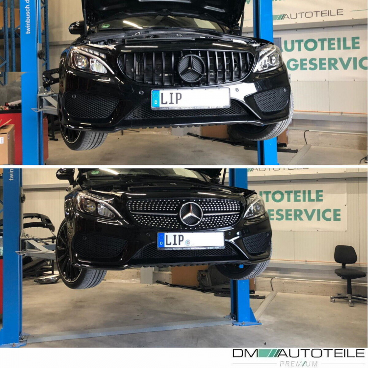 Kühlergrill + Gitter Waben Schwarz Glanz passend für Mercedes C Klasse W205 S205 14-18 mit AMG Line auf Set Panamericana GT