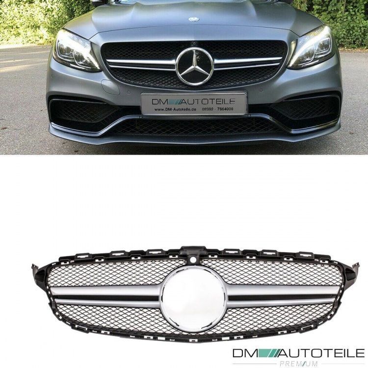 Wabendesign Kühlergrill Schwarz Silber passt für Mercedes W205 C-Klasse nicht C63 AMG +Kamera Bj 14-18