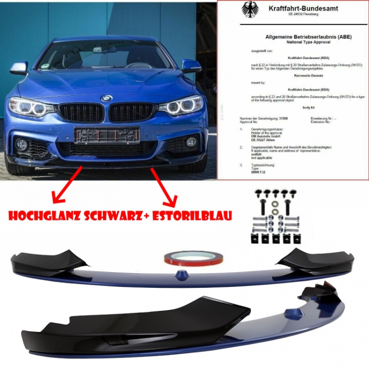 LACKIERT Bi Colour Schwarz glanz + Estoril Blau Frontspoiler Sport-PERFORMANCE für BMW 4er F32 F33 F36 mit M-Paket