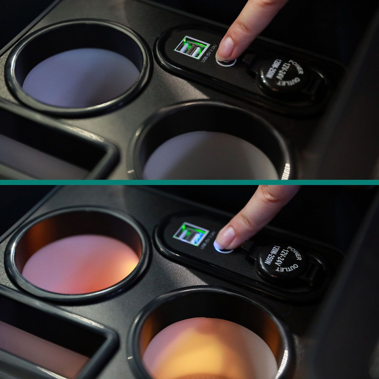 Black Edition Staufach Mittelkonsole Ablage für Ford Tourneo Custom 12+ mit RGB Farbwechsel-LED Beleuchtung, USB und Induktions-Ladestation