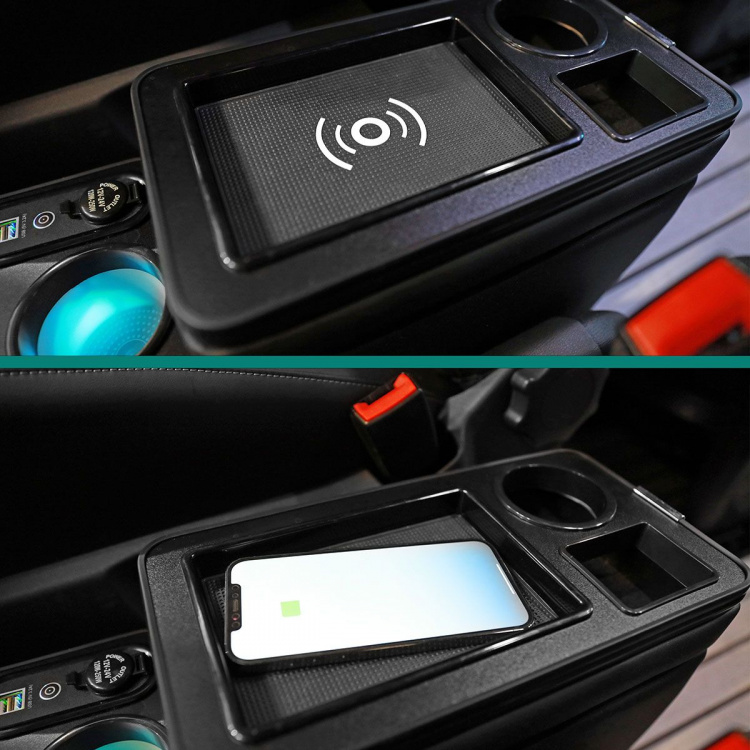 Black Edition Staufach Mittelkonsole Ablage für Ford Transit Custom 12+ mit RGB Farbwechsel-LED Beleuchtung, USB und Induktions-Ladestation