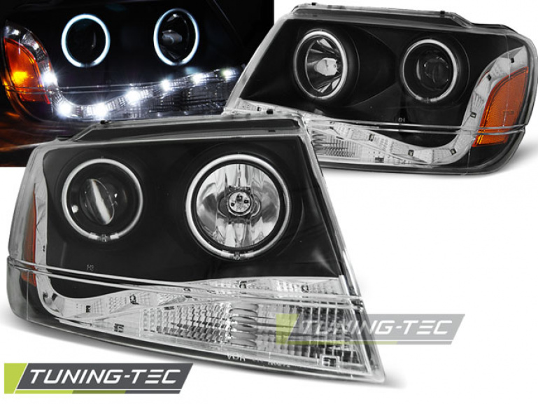 LED Tagfahrlicht Design Scheinwerfer für Jeep Grand Cherokee 99-05 schwarz