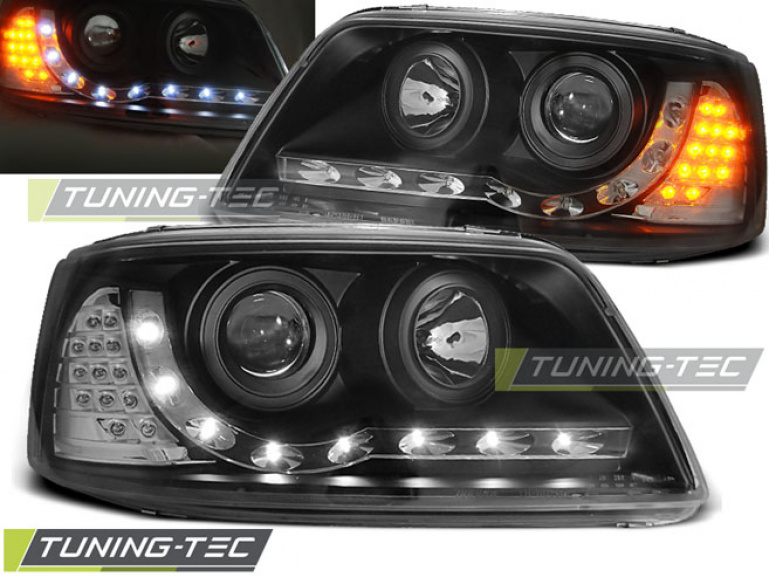 LED Tagfahrlicht Design Scheinwerfer für VW T5 03-09 schwarz mit LED Blinker