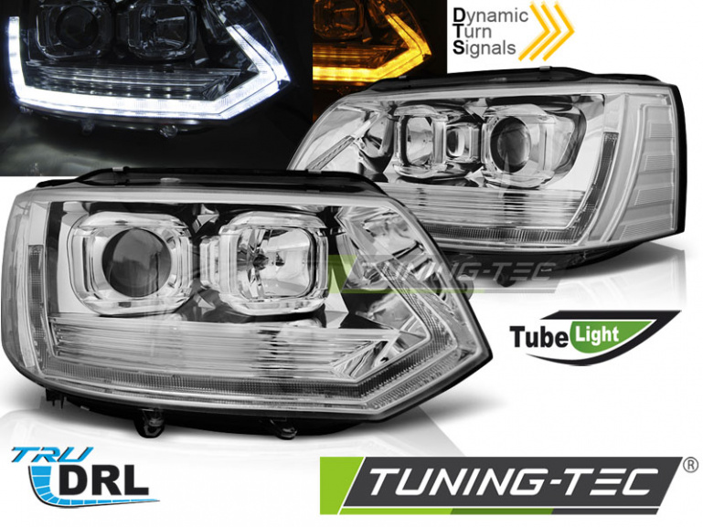 LED Tagfahrlicht Scheinwerfer für VW T5 GP (Facelift) 10-15 chrom im T6 Design mit dynamischem LED Blinker