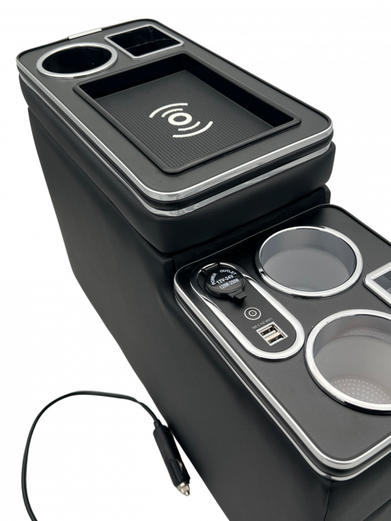 Chrom Edition Staufach Mittelkonsole Ablage für Mercedes Benz Sprinter W906 mit RGB Farbwechsel-LED Beleuchtung, USB und Induktions-Ladestation