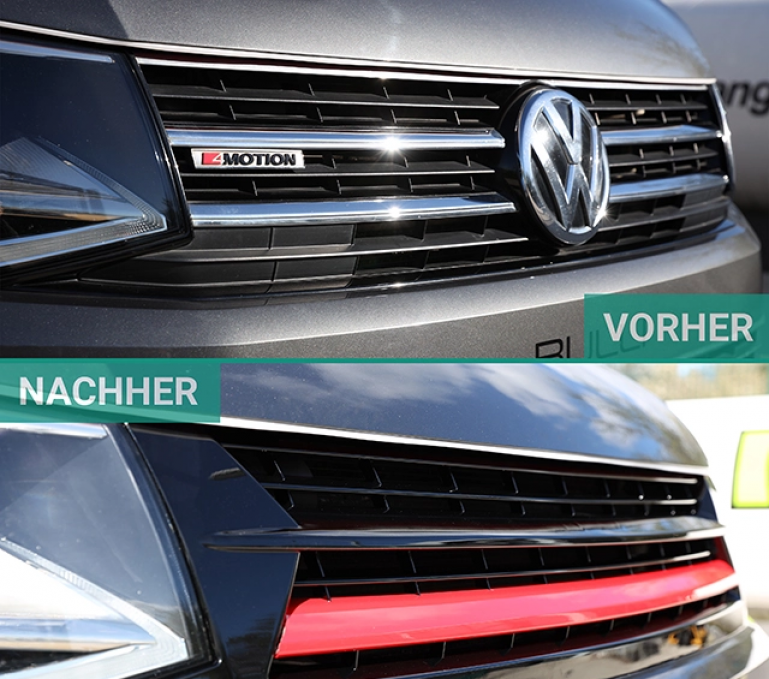 Upgrade Design Sportgrill / Kühlergrill für Volkswagen T6 15-19 Hochglanz-schwarz/single-rot