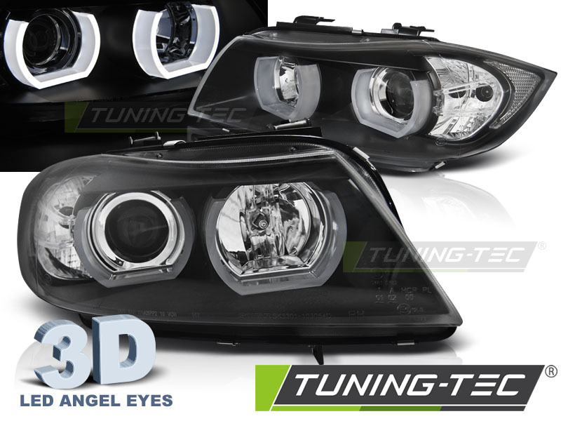 Upgrade Design 3D LED Angel Eyes Scheinwerfer für BMW 3er E90/E91 LCI  (Facelift) 09-12 schwarz mit LED Blinker