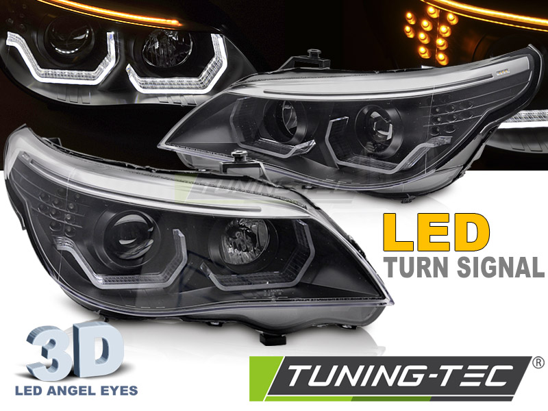 3D LED Angel Eyes Scheinwerfer für BMW 5er E60 / E61 03-07 schwarz mit LED  Blinker