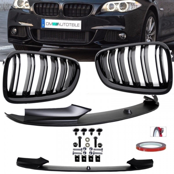 Sport-Performance Front Spoiler + Doppelsteg Kühlergrill Schwarz glanz passt für BMW 5er F10 F11 M-Paket