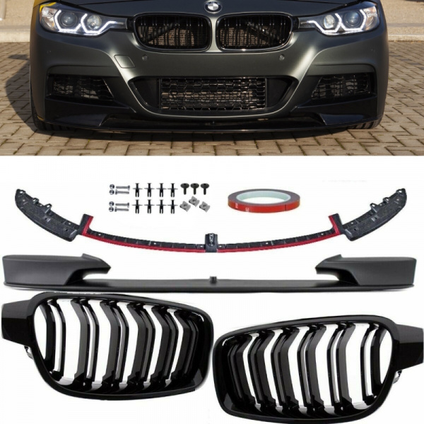 Sport Performance Front Spoiler +Doppelsteg Kühlergrill Schwarz passt für BMW 3er F30 F31 M-Paket ABE*