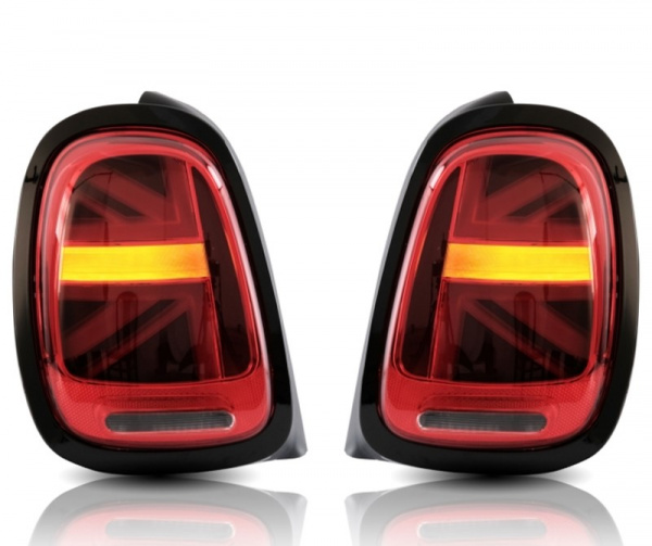 VOLL LED Lightbar Union Jack Design Rückleuchten für Mini Cooper F55/F56/F57 14-19 rot/klar mit dynamischem Blinker