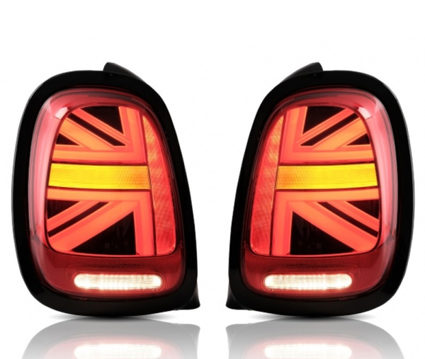 VOLL LED Lightbar Union Jack Design Rückleuchten für Mini Cooper F55/F56/F57 14-19 rot/klar mit dynamischem Blinker