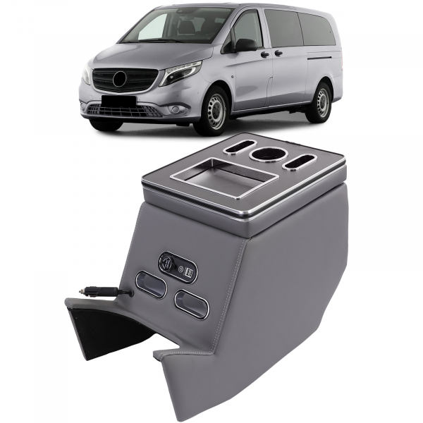 Grey Edition Staufach Mittelkonsole Ablage für alle Mercedes Benz V-Klasse W447 14-21 mit LED Beleuchtung (blau), USB Grau