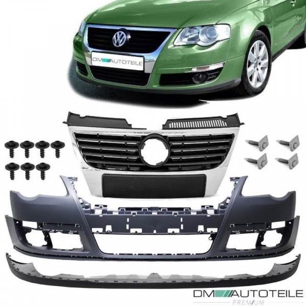 Stoßstange vorne ohne PDC ohne SRA + Spoiler + Kühlergrill + Schrauben passt für Set VW Passat 3C ab 05-10