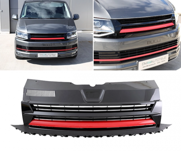 Upgrade Design Sportgrill / Kühlergrill für Volkswagen T6 15-19 Hochglanz-schwarz/single-rot