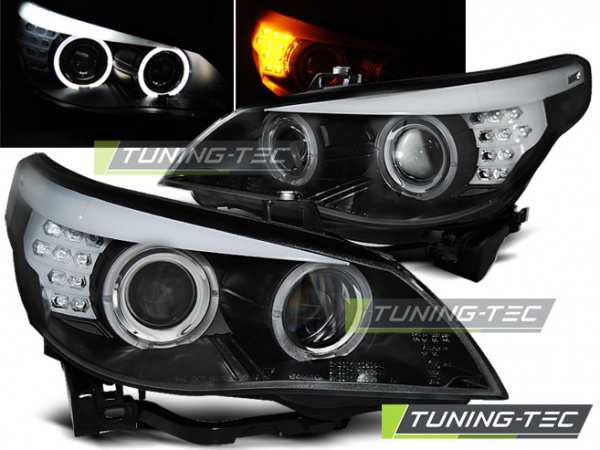 LED Angel Eyes Scheinwerfer für BMW 5er E60/E61 03-07 schwarz mit LED  Blinker