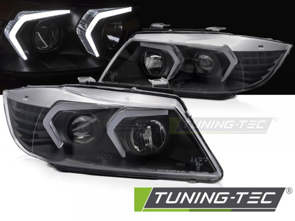 "UPGRADE+" Design LED Angel Eyes Scheinwerfer Set für BMW 3er E90/E91 05-08 schwarz mit LED Blinker