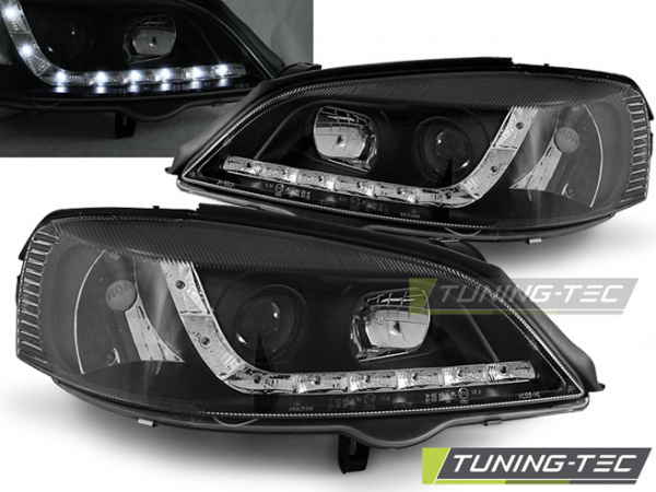 LED Tagfahrlicht Design Scheinwerfer für Opel Astra G 98-04 schwarz