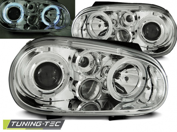 LED Angel Eyes Scheinwerfer für VW Golf 4 97-03 mit Nebelscheinwerfern chrom