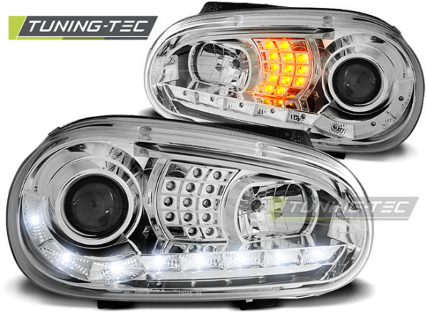 LED Tagfahrlicht Design Scheinwerfer für VW Golf 4 97-03 chrom mit LED Blinker