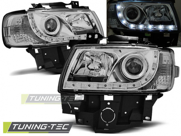 LED Tagfahrlicht Design Scheinwerfer für VW T4 96-03 (langer Vorderwagen) chrom