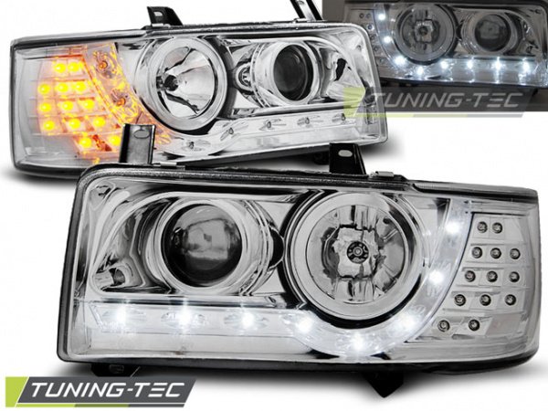 LED Tagfahrlicht Design Scheinwerfer für VW T4 90-03 (kurzer Vorderwagen) chrom mit LED Blinker