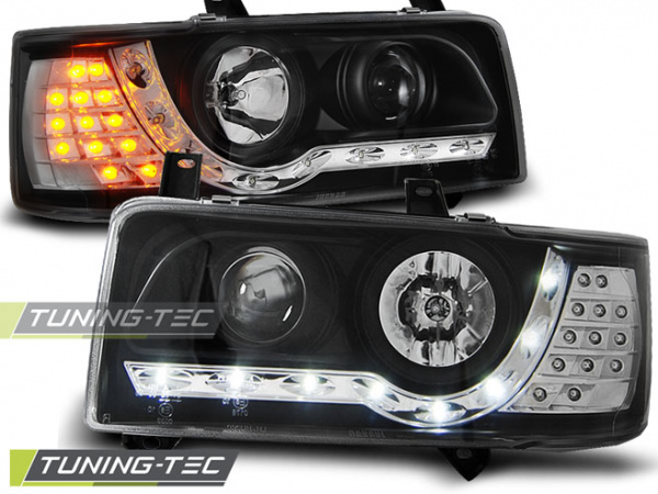 LED Tagfahrlicht Design Scheinwerfer für VW T4 90-03 (kurzer Vorderwagen) schwarz mit LED Blinker