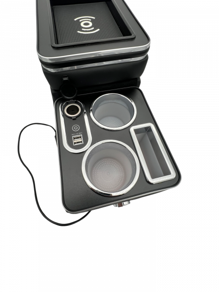 Chrom Edition Staufach Mittelkonsole Ablage für Mercedes Benz Sprinter W906 mit RGB Farbwechsel-LED Beleuchtung, USB und Induktions-Ladestation