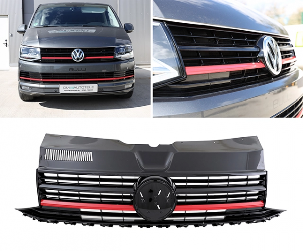 Upgrade Design Sportgrill / Kühlergrill für Volkswagen T6 15-19 Hochglanz-schwarz/rot mit Emblemhalter