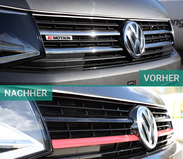 Upgrade Design Sportgrill / Kühlergrill für Volkswagen T6 15-19 Hochglanz-schwarz/rot mit Emblemhalter